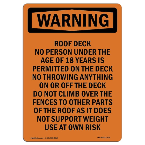 Safety Sign, OSHA WARNING, 24" Height, Rigid Plastic, Roof Deck No Person Under The, Portrait